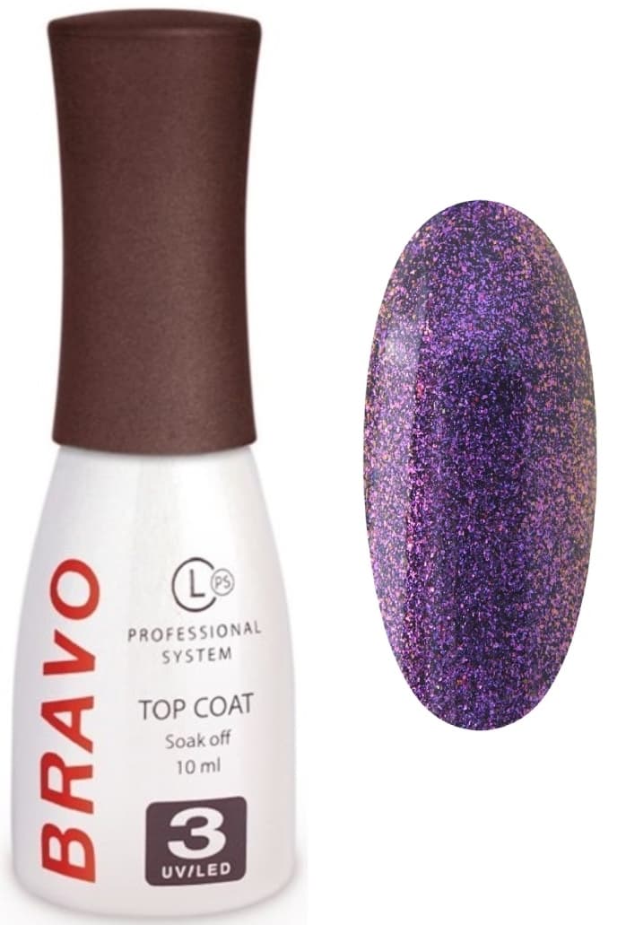 Bravo Верхнее покрытие без липкого слоя TOP Втирка светоотражающий VIOLET, 10мл.