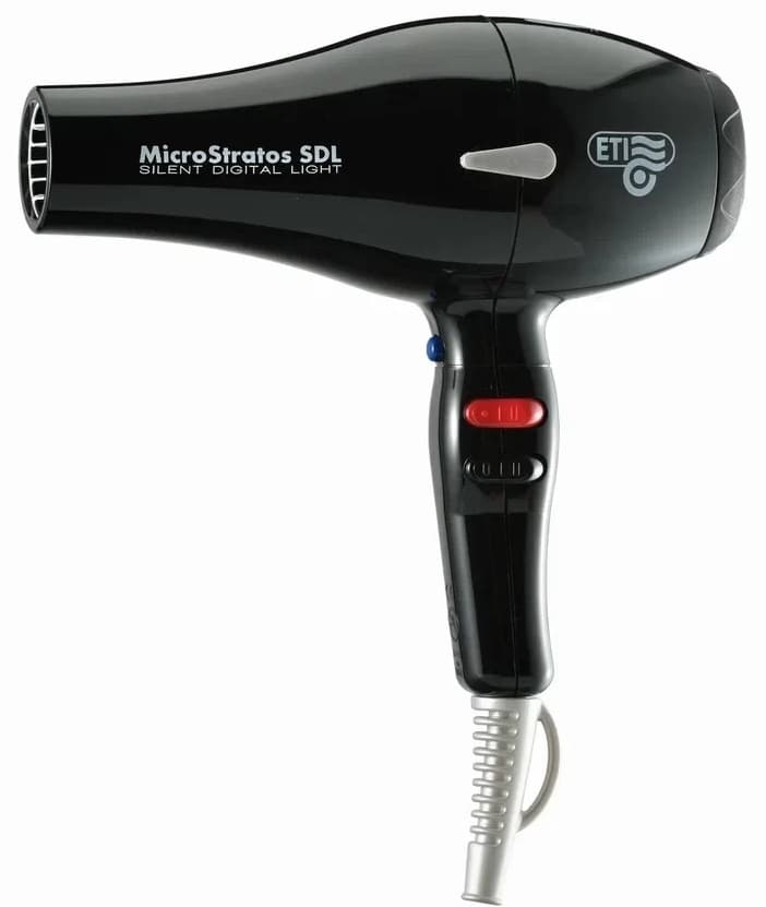 ETI Фен Micro Stratos SDL 2500 цвет черный, 2500 Вт, 2 насадки, бесщеточный мотор, вес 402 гр. 