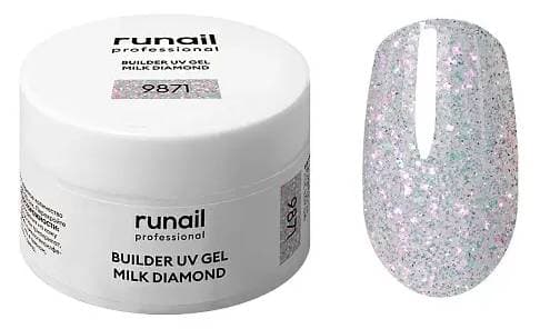 RuNail Моделирующий УФ-гель светоотражающий BUILDER UV GEL MILK DIAMOND, 15г №9871
