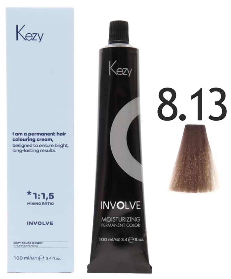 KEZY Involve color 8.13  Светлый блондин пепельно-золотистый «Натуральный орех», 100 мл. 